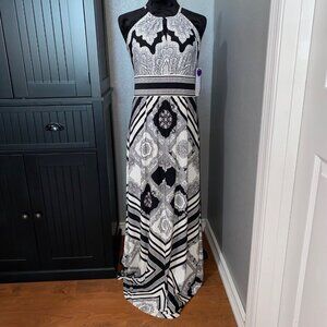 London Style Maxi Dress Size 6 Black White Halter Geometric Aztec Monochrome NWT
